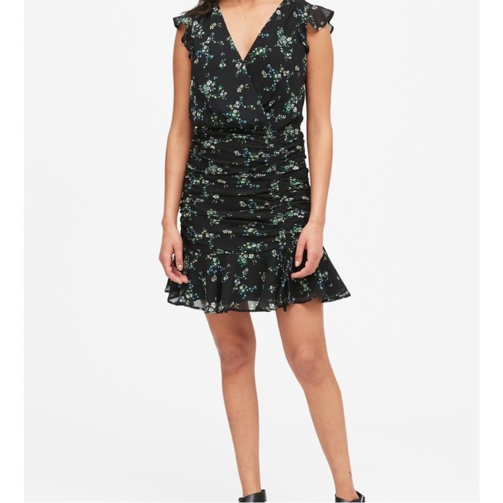 Black Floral Ruched Mini Dress • Flutter Sleeve V-Neck Romantic Date Night Dress